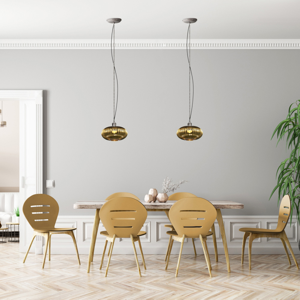 Happy Homewares Designer Shiny Gold Plated Line Ribbed Glass Oval Pendant Shade Image 2