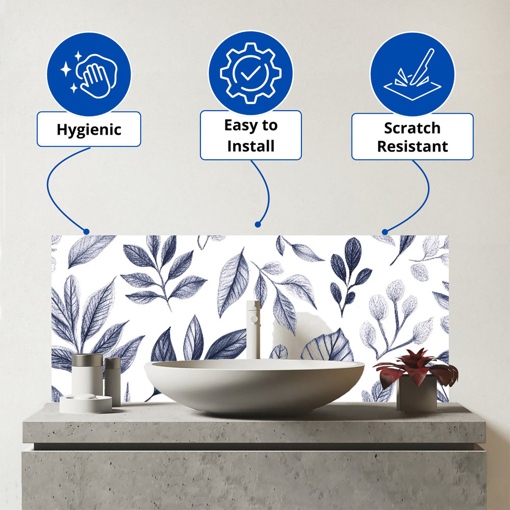Warren Reed Designer Grey Hand Drawn Leaves Glass Bathroom Splashback 25 x 60cm Image 3
