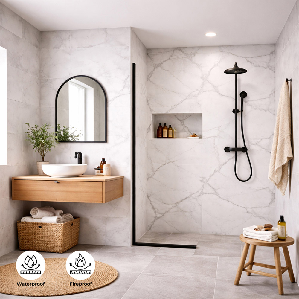 Britwall White Carrara Marble Glossy Shower Panel 2400 x 1000 x 10mm 3 Pack Image 6