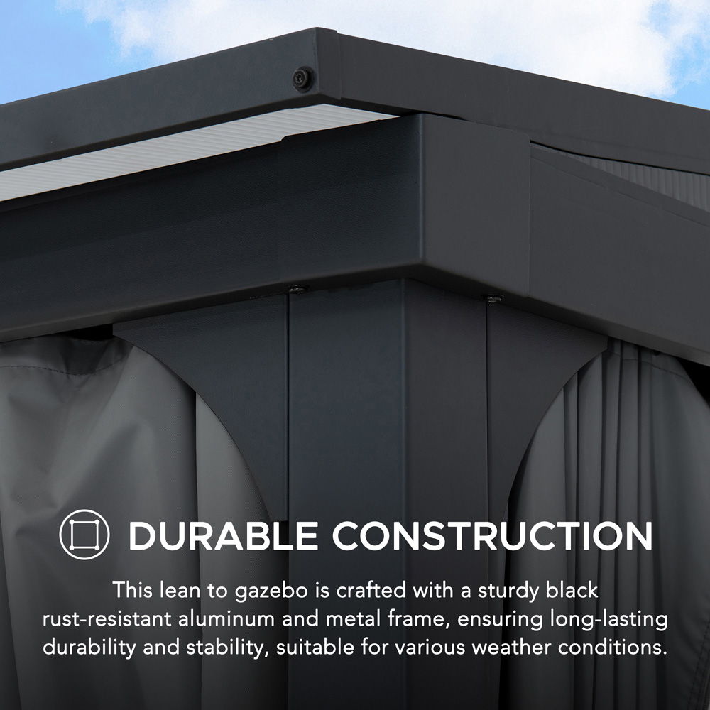 Sunjoy 3.6 x 3m Wall Mounted Lean to Gazebo with Grey Curtain and Netting Image 6