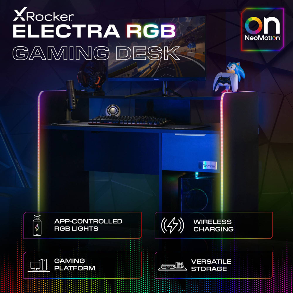 X Rocker Electra Single Drawer 2 Shelf RGB Gaming Desk with Wireless Charging Black Image 4