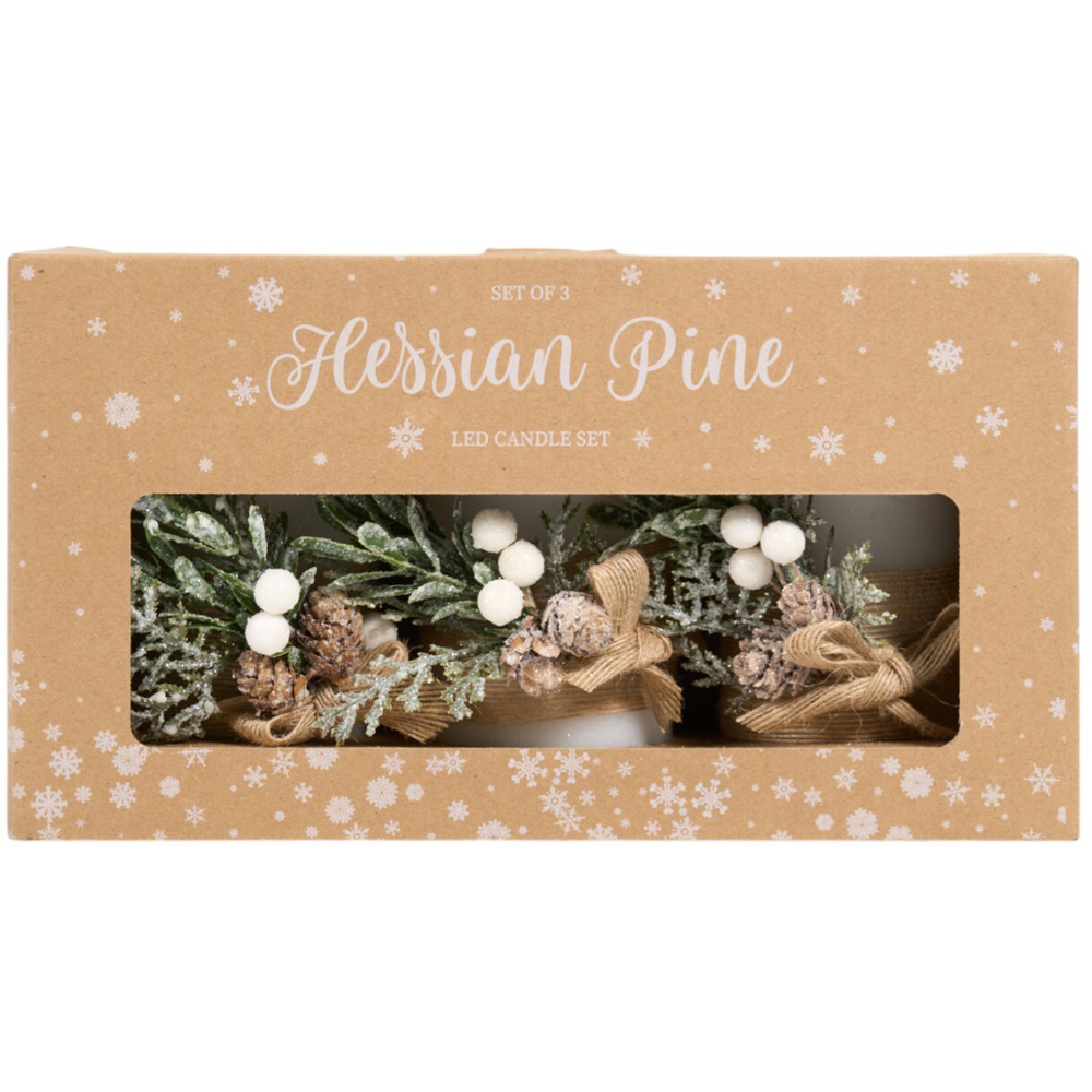 Set of 3 Hessian Pine LED Candles - White Image 3