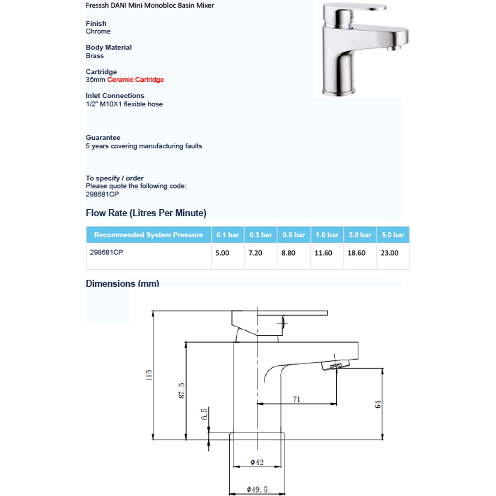 Fresssh Dani Chrome Mini Mono Basin Mixer with Clicker Waste Image 2