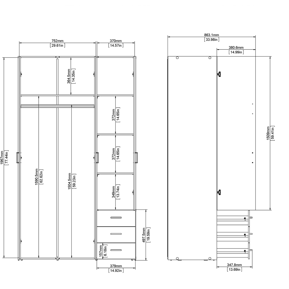 Florence Space 3 Door 3 Drawer Oak Wardrobe Image 8