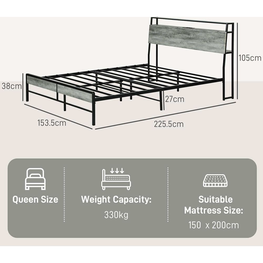 Portland King Size Cement Grey Bed Frame with Charging Station and Lights Image 9