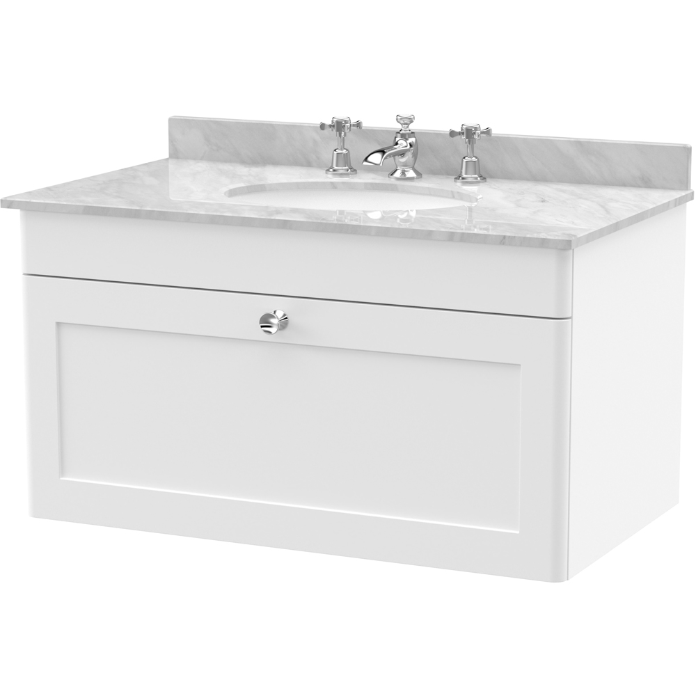 nuie Classique Single Drawer Satin White and Grey Wall Hung Unit and 3 Tap Hole Marble Basin 800mm Image 1