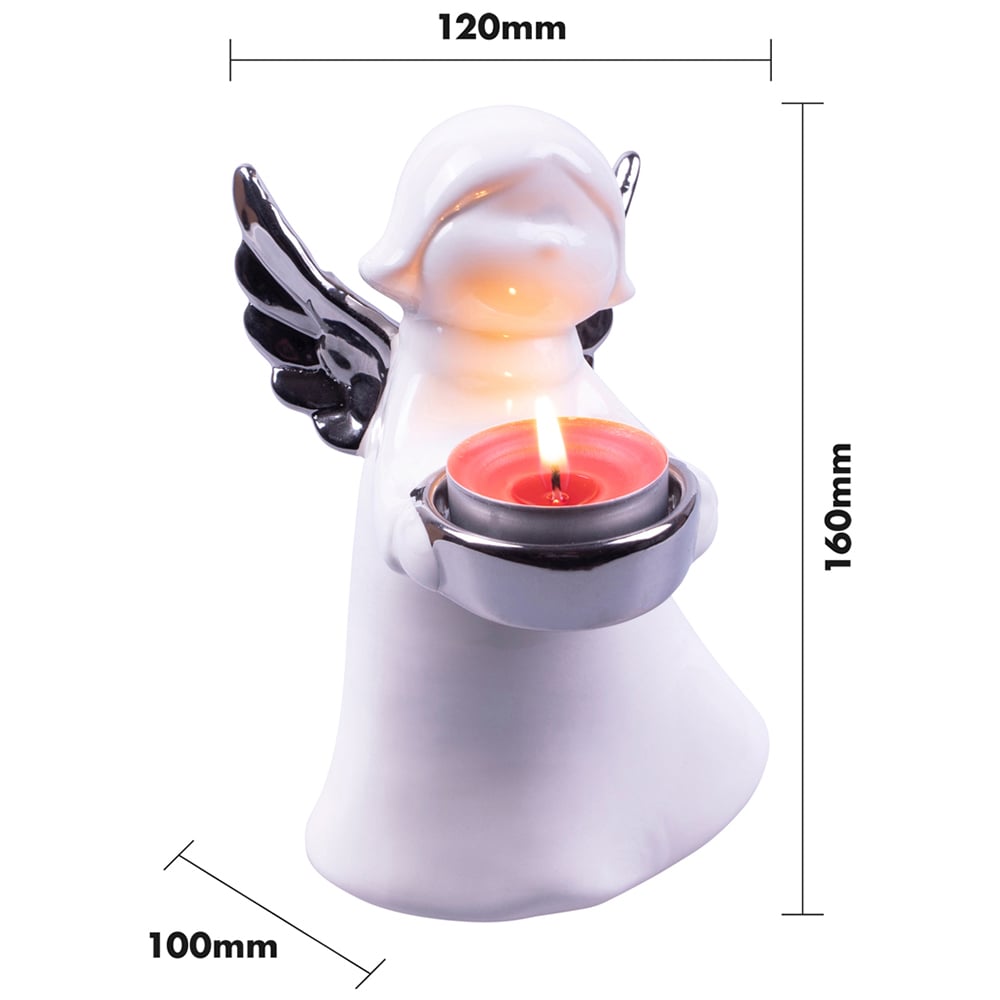 St Helens Small White and Silver Winged Angel Ceramic Tea Light Holder Image 4