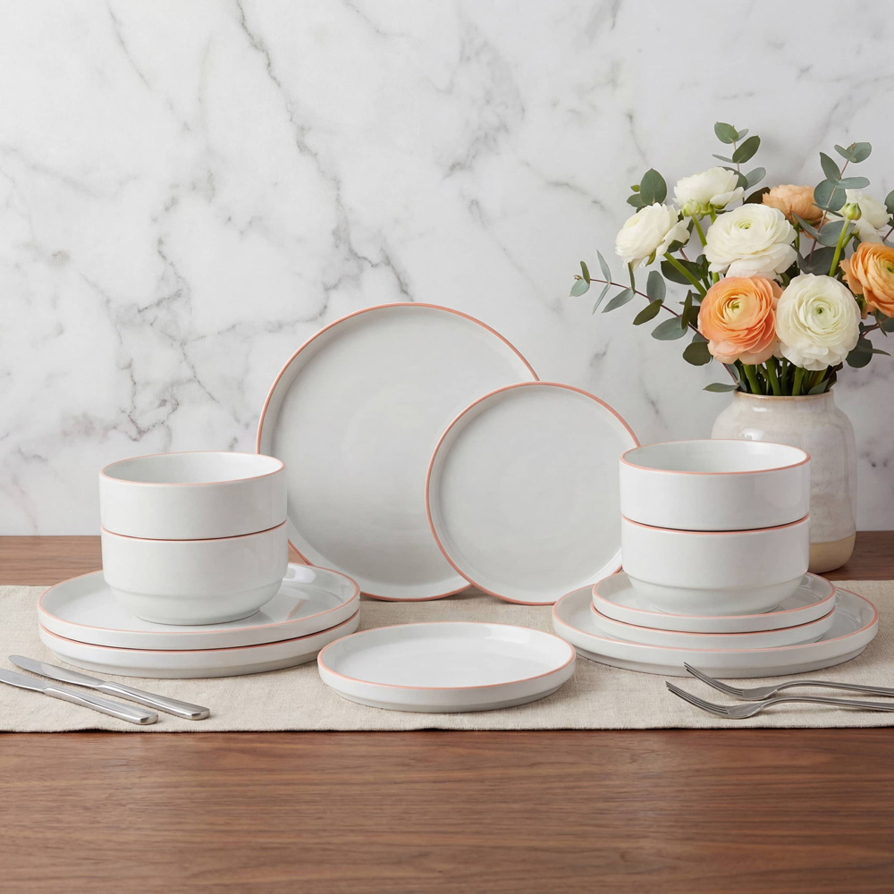 Waterside Orange Rim White Stackable 12 Piece Dinner Set Image 7