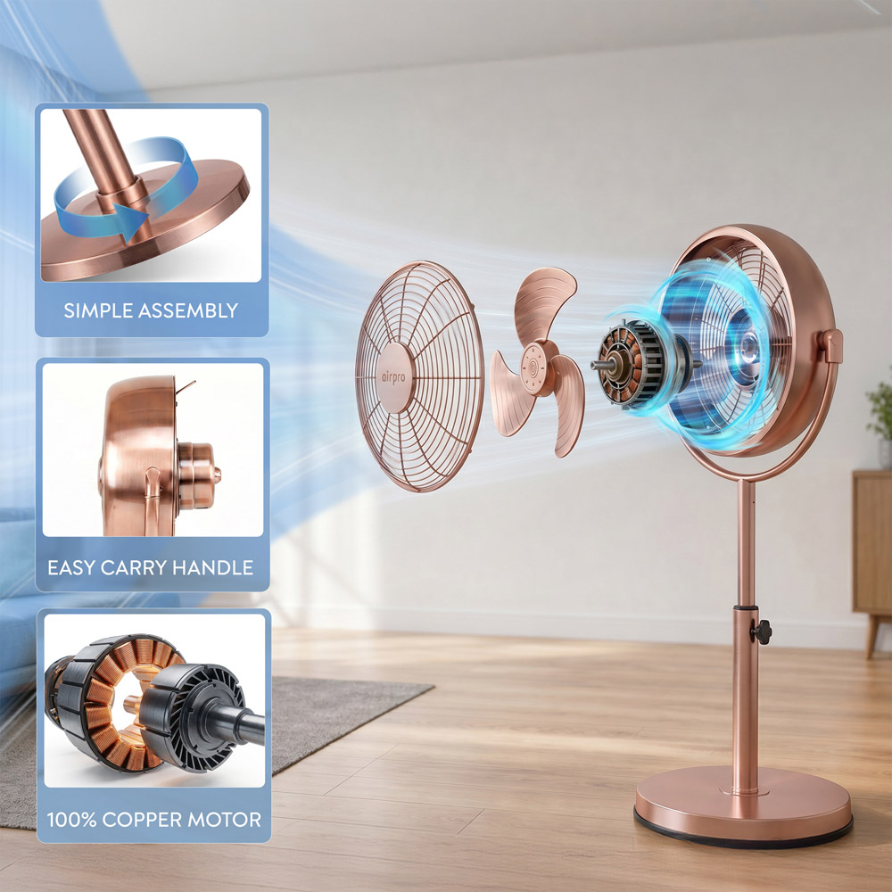 Air Pro Copper Brushed Height Adjustable Oscillating Pedestal Standing Fan with Remote 8 inch Image 4
