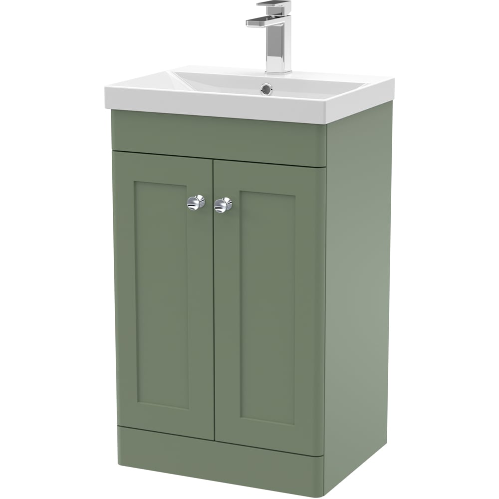nuie Classique 2 Door Satin Green Floor Standing Unit and Thin-Edge Ceramic Basin 500mm Image 1