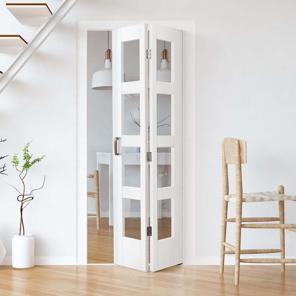 White Primed Shaker 8 Panel Clear Glass Bi-Fold Internal Door 1981 x 610 x 35mm Image 2