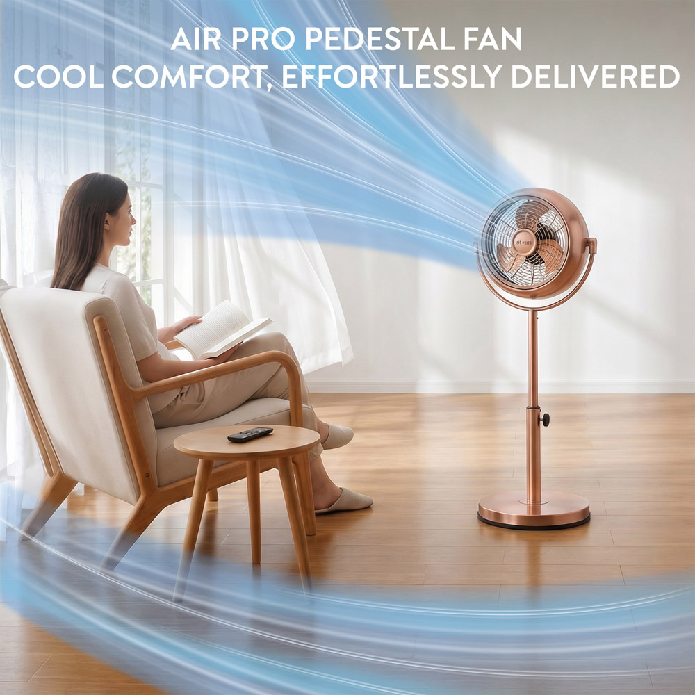 Air Pro Copper Brushed Height Adjustable Oscillating Pedestal Standing Fan with Remote 8 inch Image 2
