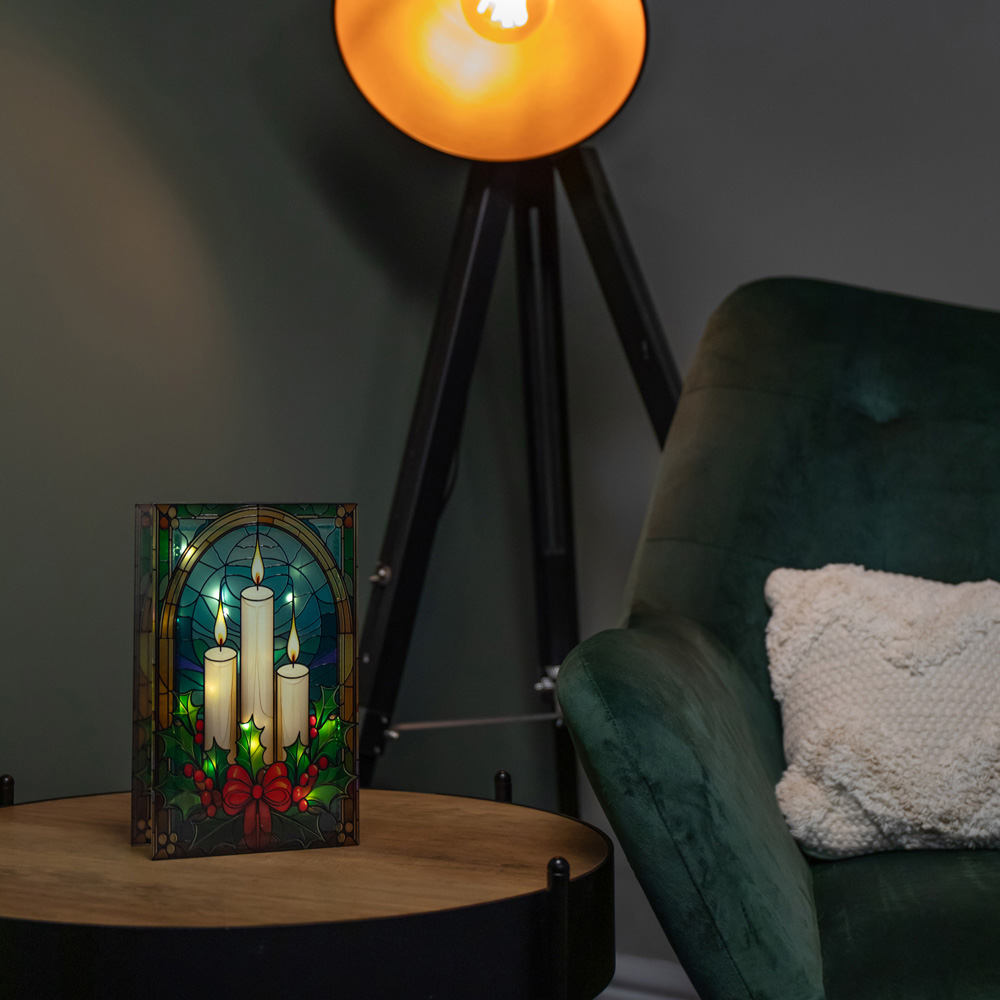 Samuel Alexander 50 Warm White LED Candles and Holly Light Up Stained Glass Decoration 21cm Image 8