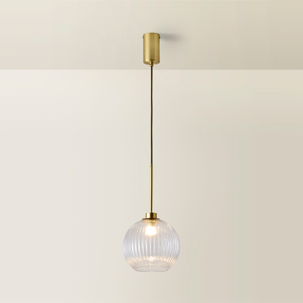 ValueLights Maddison Clear Ribbed Glass Shade Brushed Gold LED Ceiling Pendant Light With Bulb Image 6