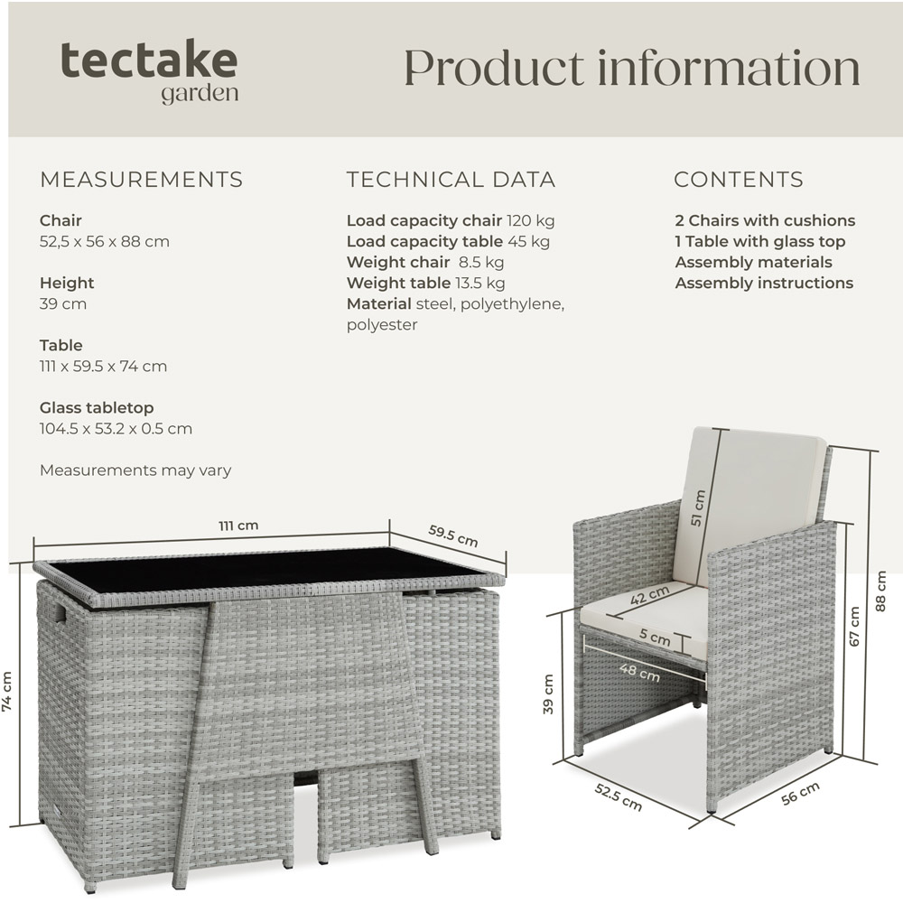 tectake Lausanne 2 Seater Rattan Garden Bistro Set Light Grey Image 6