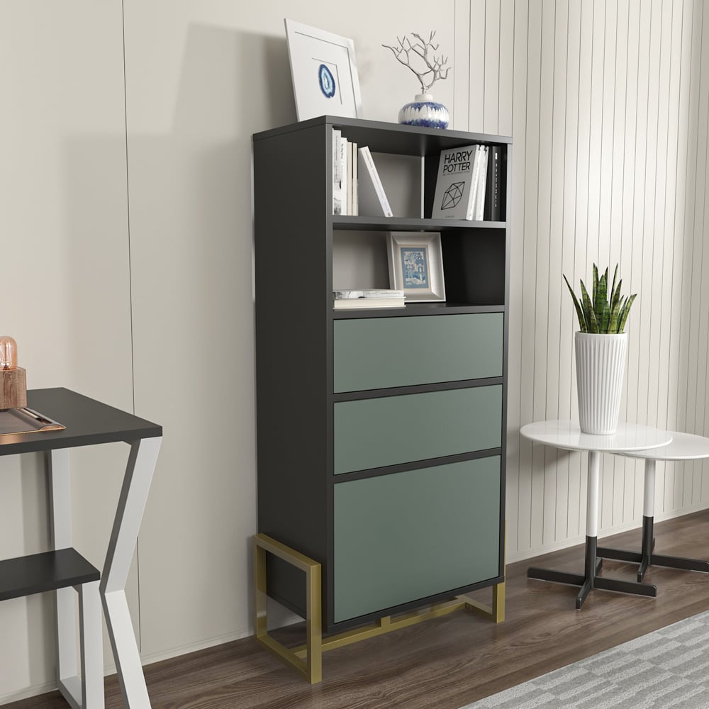 Decorotika Utopie 3 Door 2 Shelf Black and Green Modern Bookshelf Image 8