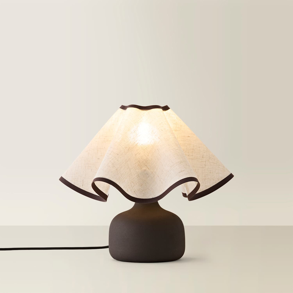 ValueLights Emilia Chocolate Brown Linen Wave Shade Ceramic Table Lamp with Bulb Image 3