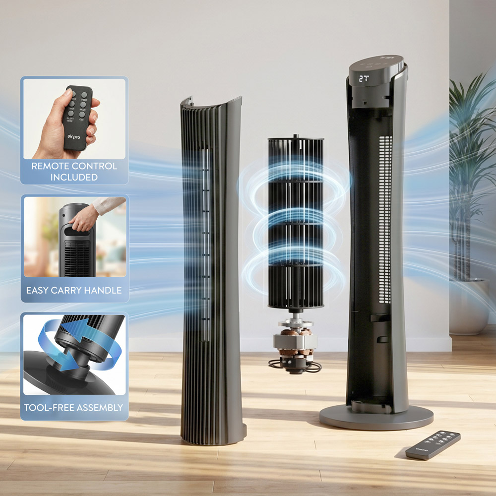 Air Pro Grey Oscillating Bladeless Tower Fan with Remote 34 inch Image 5