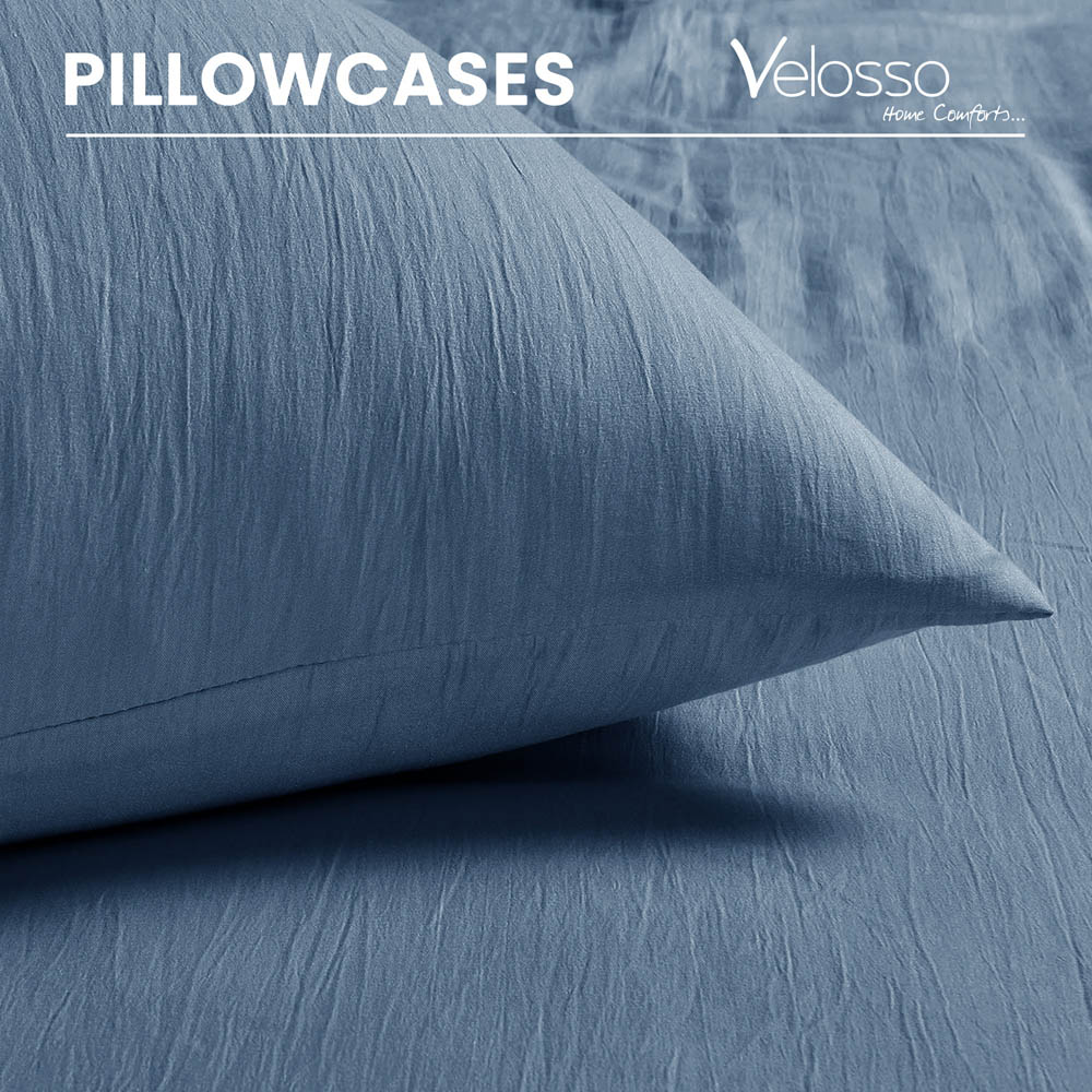 Velosso Washed Linen Look Super King Size Denim Blue Duvet Set Image 4