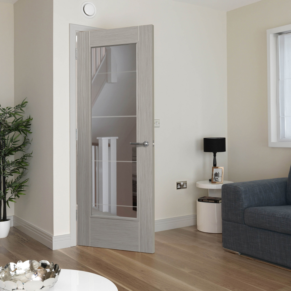JB Kind Tigris Laminates Light Grey Full Glazed Internal Door 1981 x 838mm Image 2