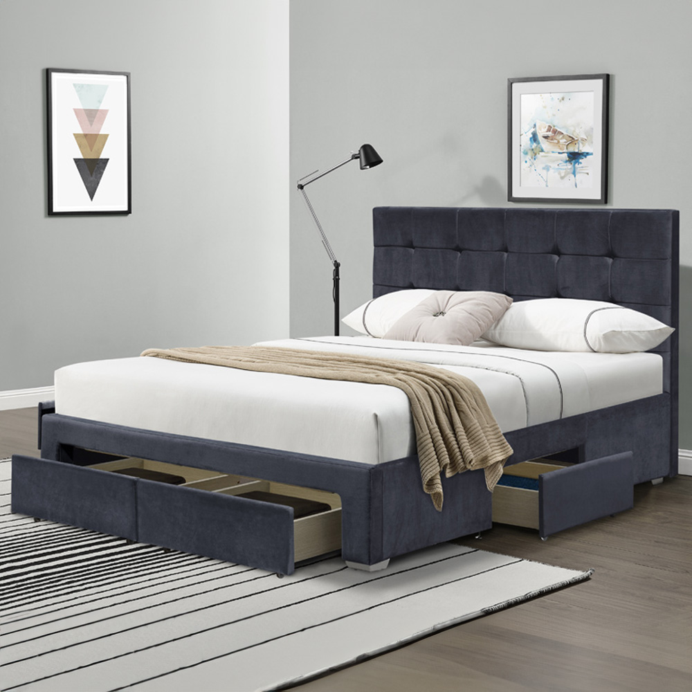 Brooklyn Double Grey Velvet 4 Drawer Bed Frame with Blanket Box Image 2