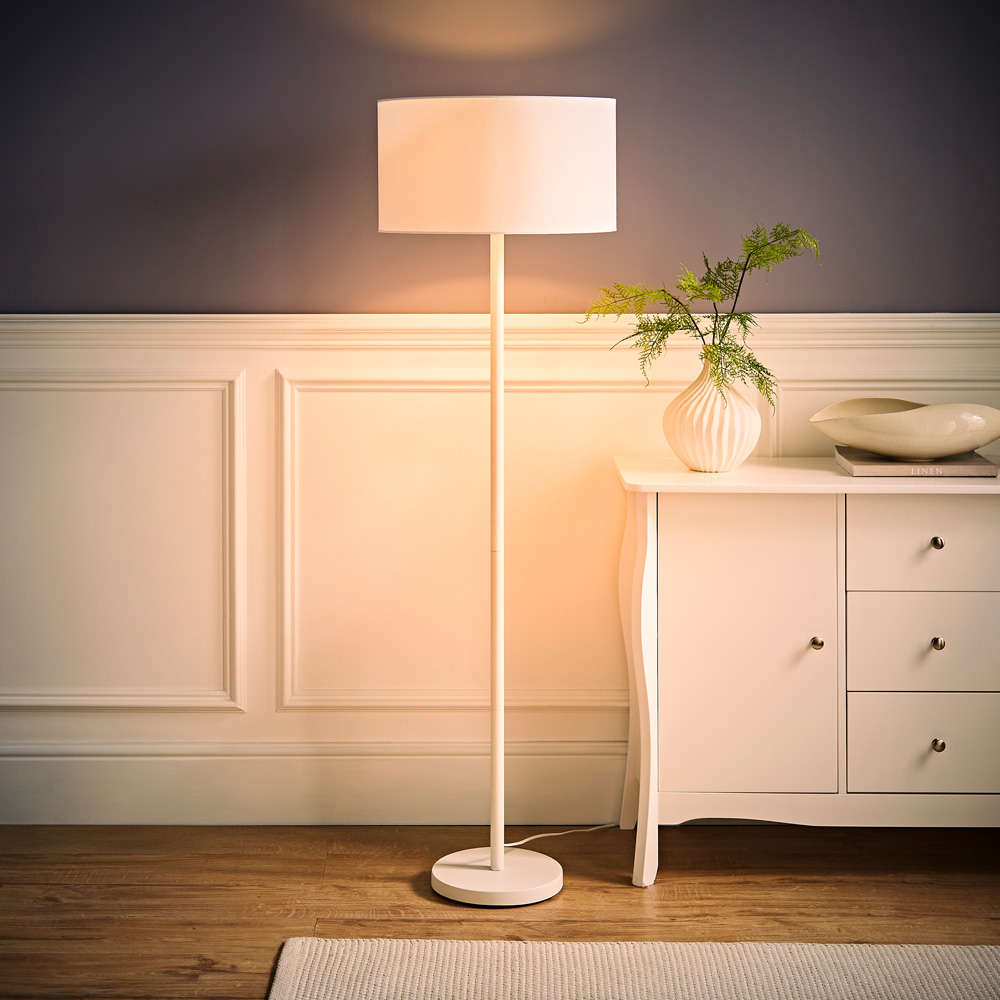 ValueLights Charlie Drum Shade White Floor Lamp and Bulb Image 6