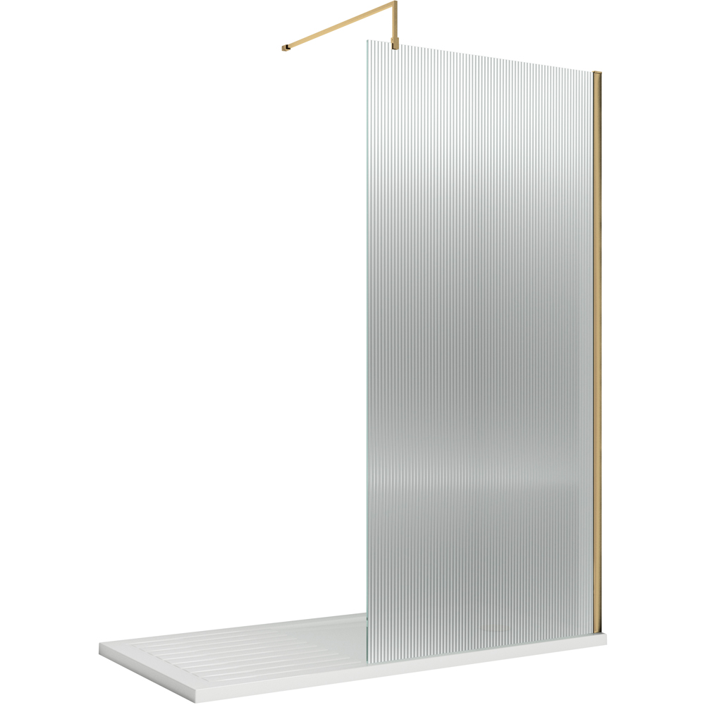 nuie Brushed Brass Fluted Wetroom Screen with Support Bar 1850 x 1000mm Image 1