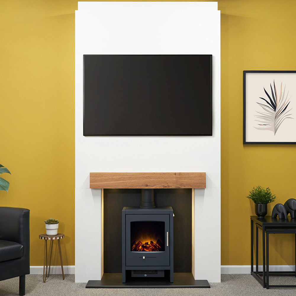 Acantha Pre-Built Media Wall 1 with Charcoal Grey Bergen Electric Stove Image 6