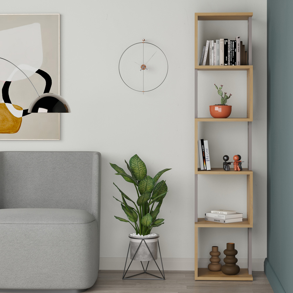 Decortie Piri 5 Shelf Oak and Mocha Grey Asymmetrical Bookcase Image 5