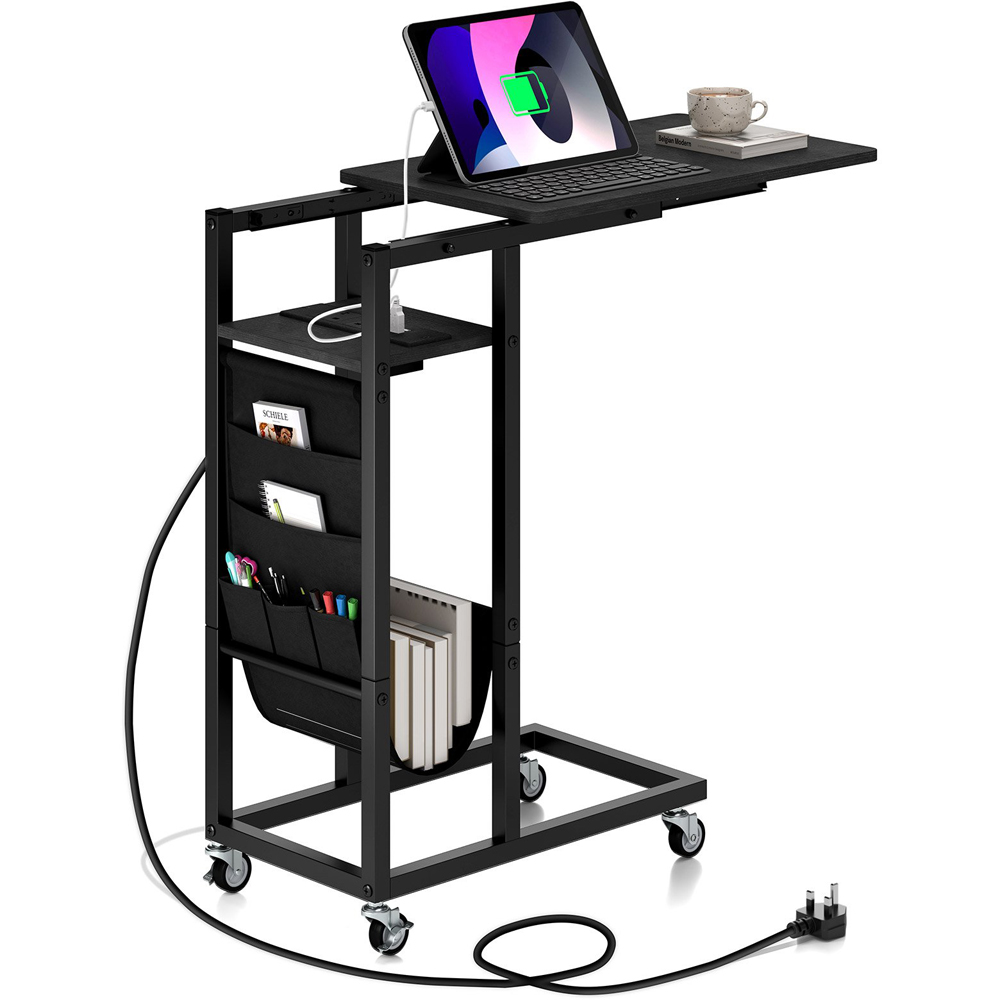 Costway Black C Shaped End Table Rolling with Charging Station and Retractable Tabletop Image 3