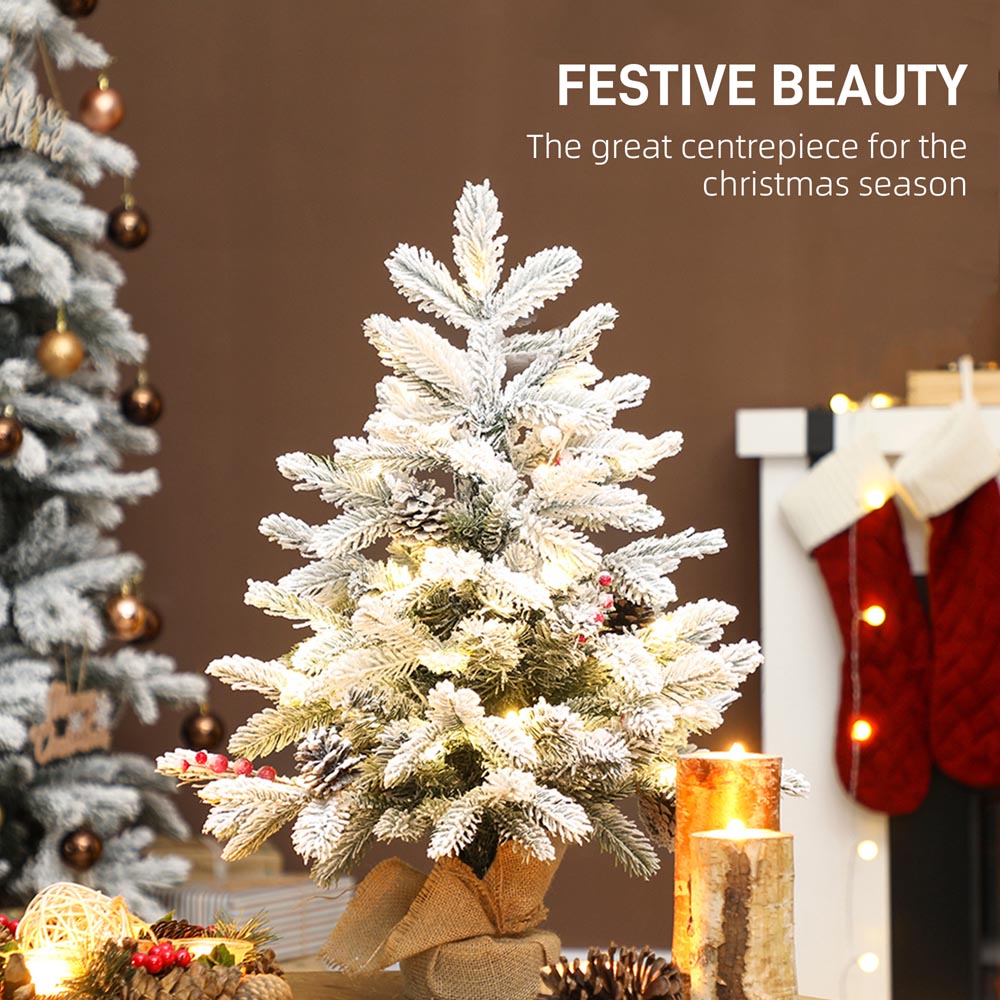 Everglow Pre-Lit Snow Flocked Tabletop Artificial Christmas Tree with Pinecones and Berries 2ft Image 4
