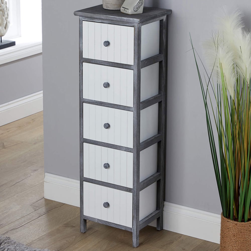 Home Source Mosbach 5 Drawer Grey Washed and White Solid Wooden Storage Unit Image 1
