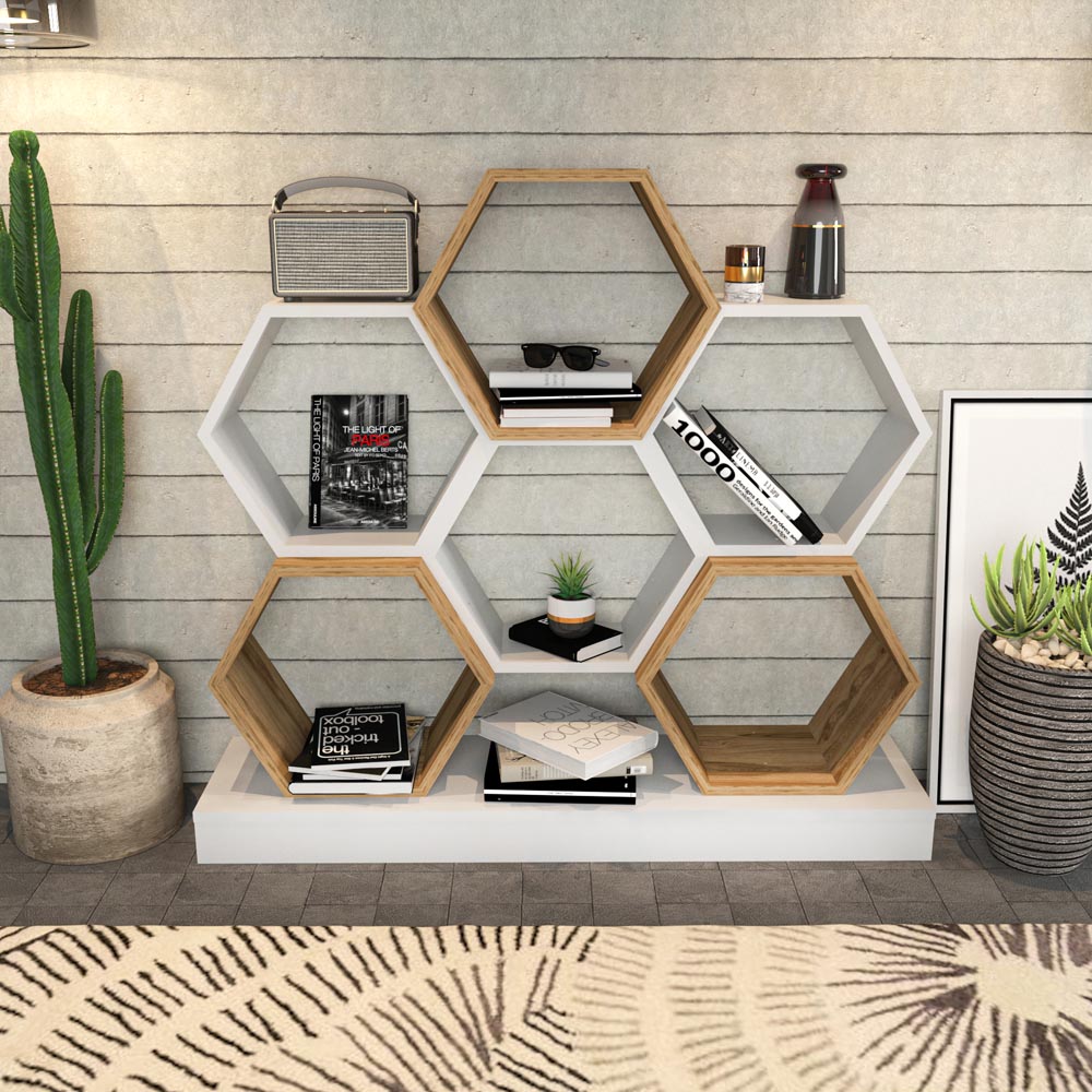 Decorotika Flower White and Oud Wide Hexagonal Bookcase Image 3