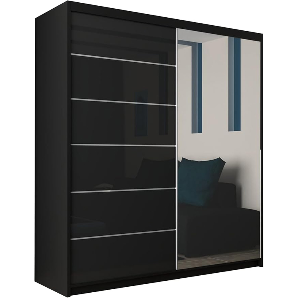 M N Furniture Inovo 2 Door Black High Gloss Mirrored Sliding Wardrobe 150cm Image 2