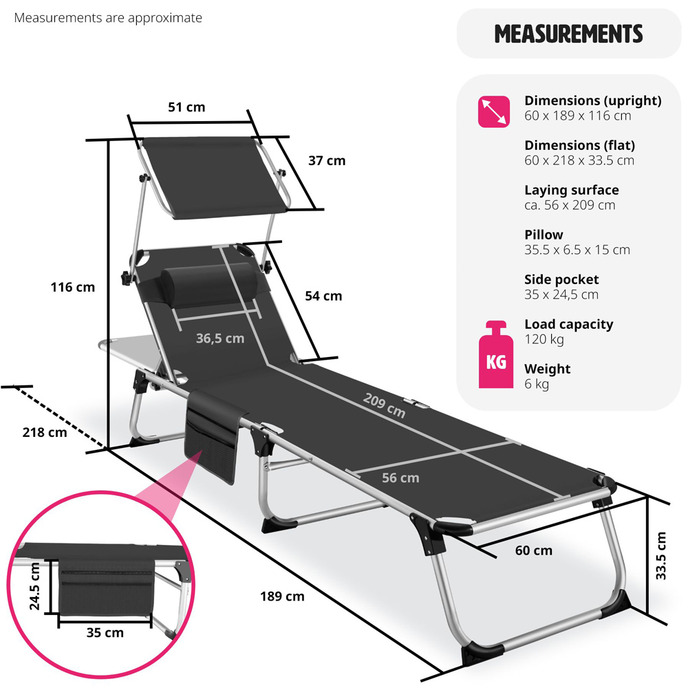 tectake Aurelie Black Foldable and Adjustable Sun Lounger with Headrest Image 9
