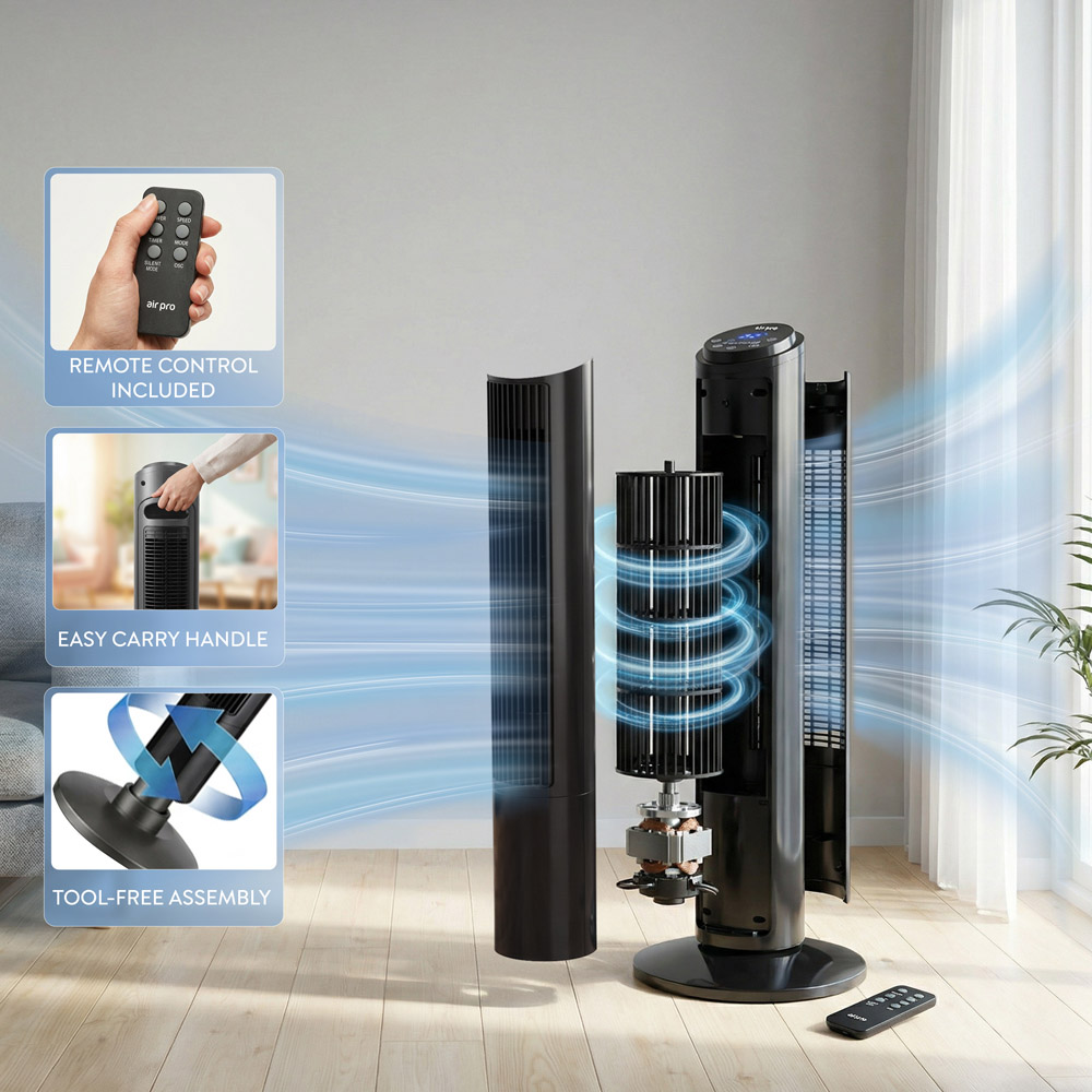 Air Pro Black SmartVoice Control Oscillating Bladeless Mono Tower Fan with Remote 40 inch Image 4