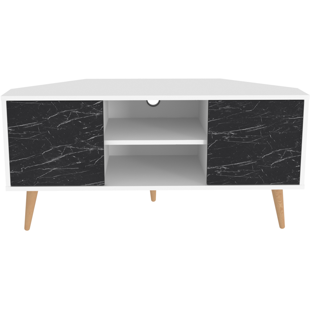 Decorotika Lesson 2 Door 2 Shelf White and Black Marble Effect Corner TV Stand Image 2