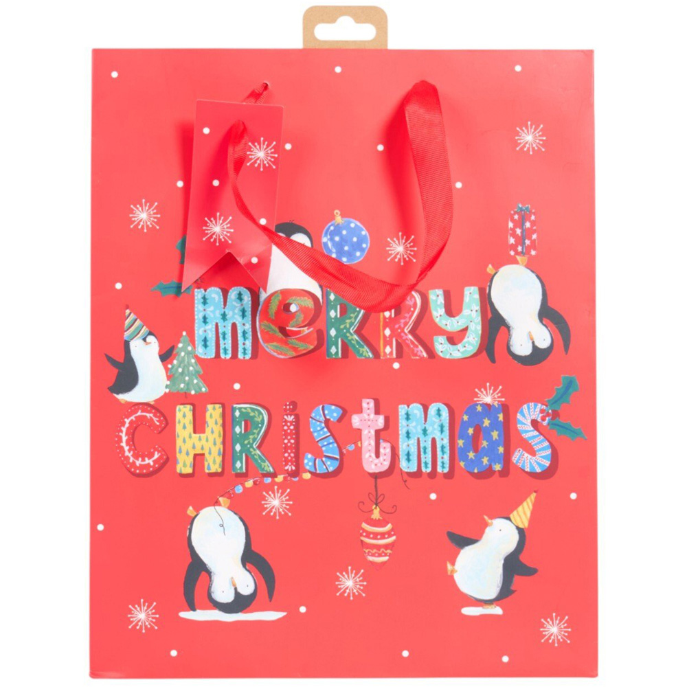 Festive Penguins Gift Bag Red Tall Image 3