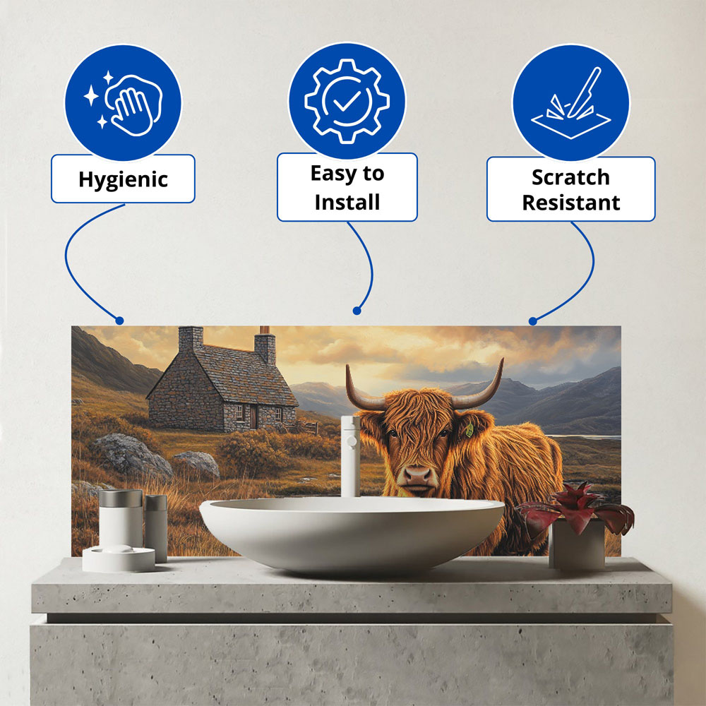 Warren Reed Designer Highland Cow and a Cottage Bathroom Splashback 25 x 60cm Image 3