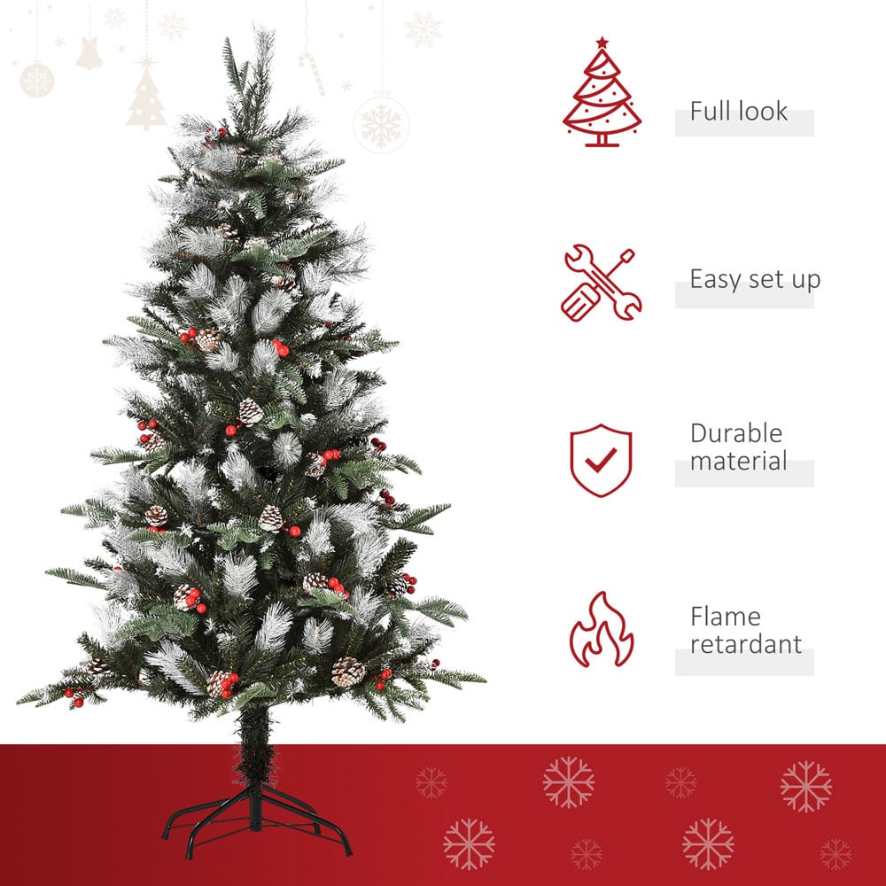 Everglow Green Pencil Snow Dipped Artificial Christmas Tree with Red Berries and Pinecones 5ft Image 4