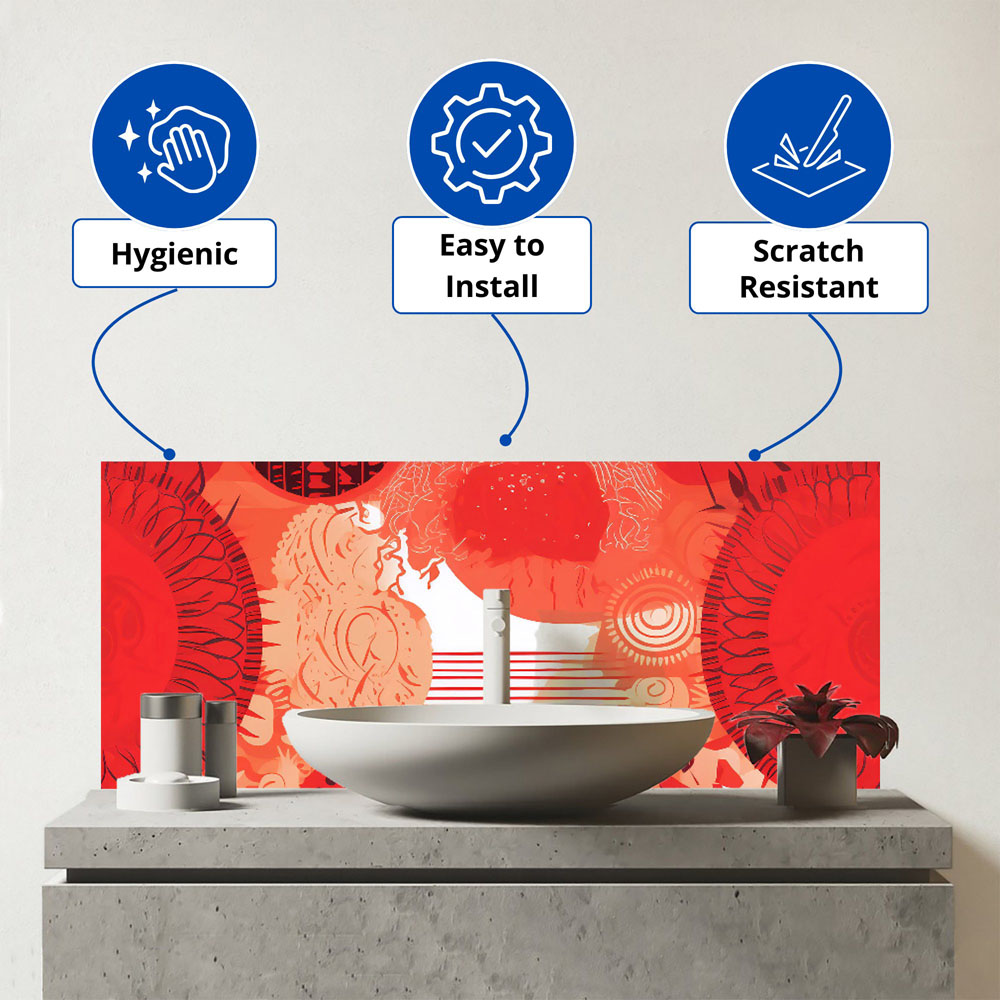 Warren Reed Designer Abstract Red Sun pattern Glass Bathroom Splashback 25 x 60cm Image 3