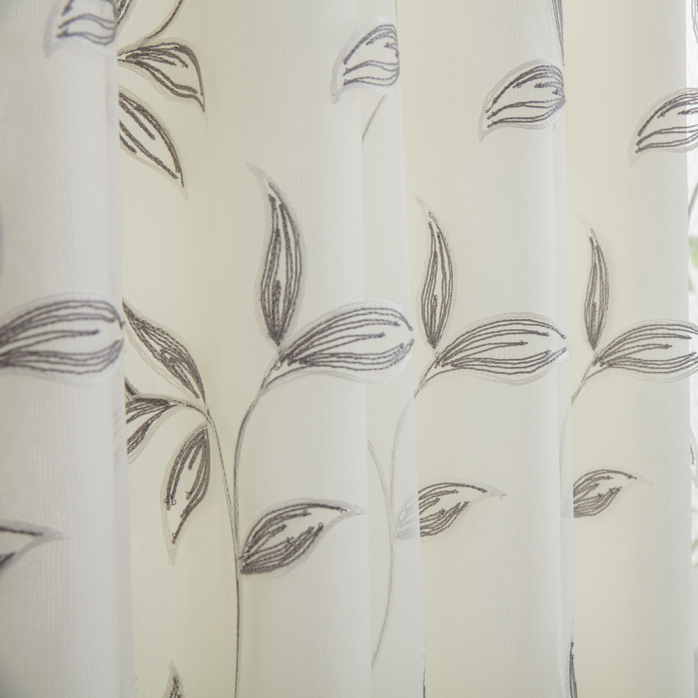 Alan Symonds Leaf Embroidered Silver Ring Top Eyelet Tulle Voile Curtains 229 x 229cm Image 3