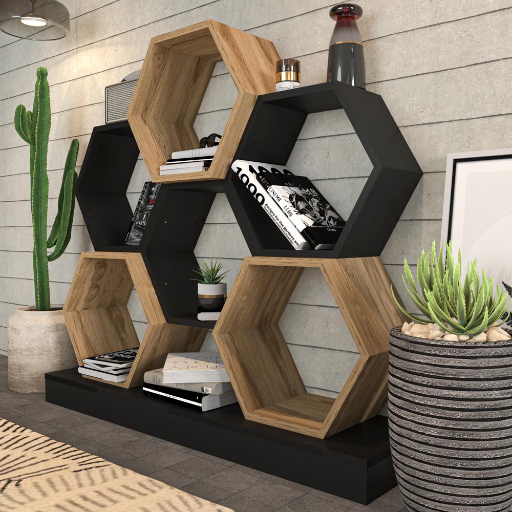 Decorotika Flower Black and Oak Wide Hexagonal Bookcase Image 5