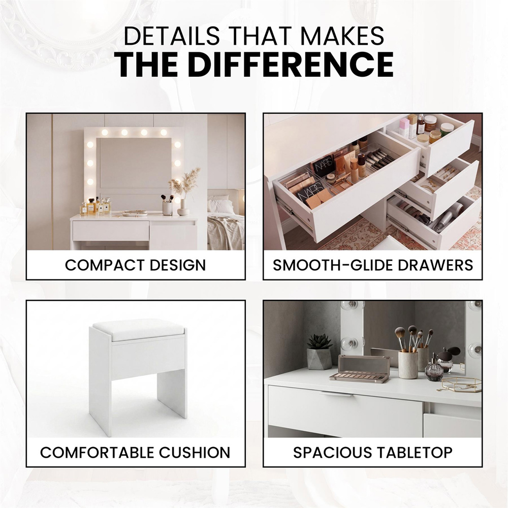 Portland 4 Drawer White Dressing Table Set with LED Mirror Image 6
