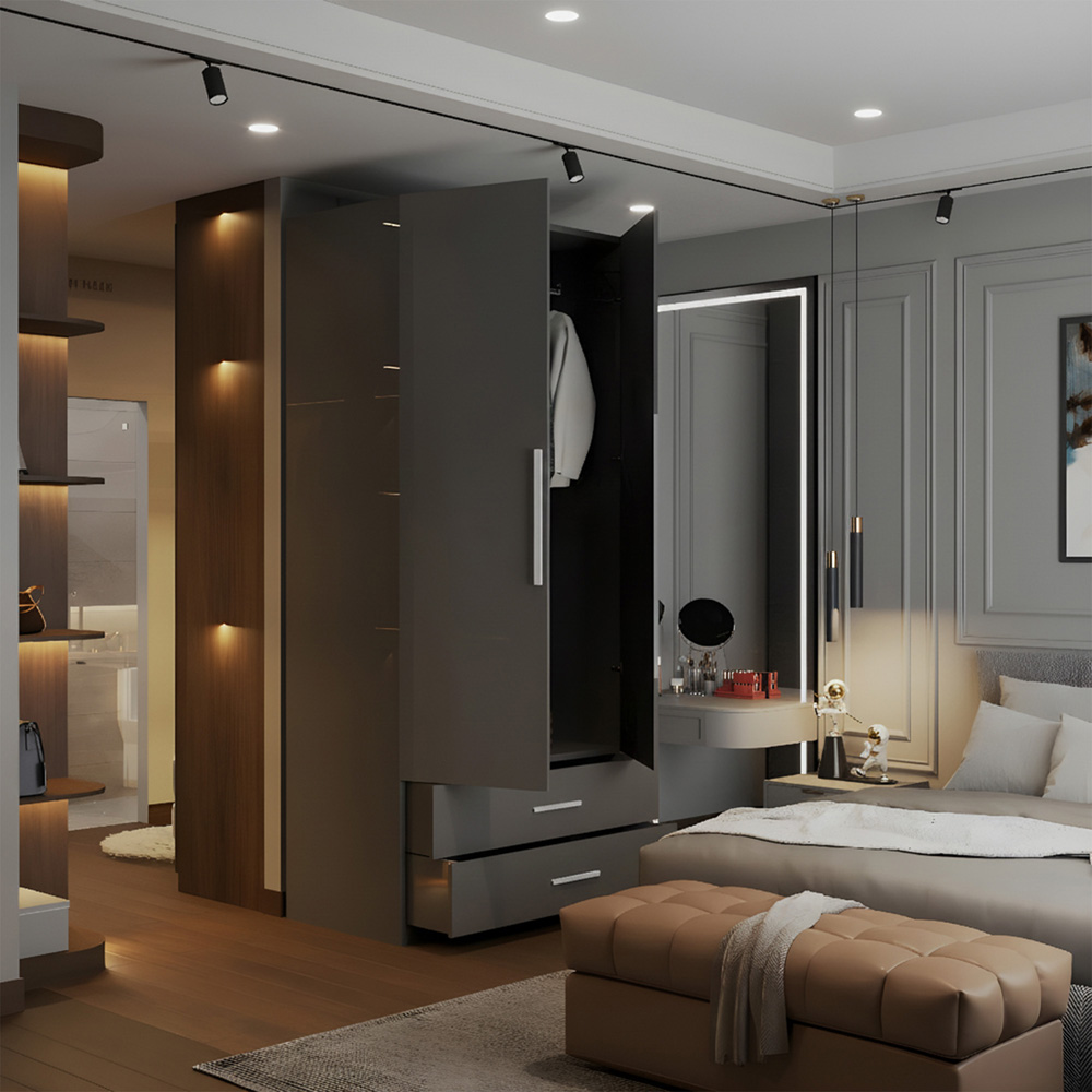 M N Furniture Glossera 2 Door 2 Drawer Grey High Gloss Mirrored Wardrobe 80cm Image 3