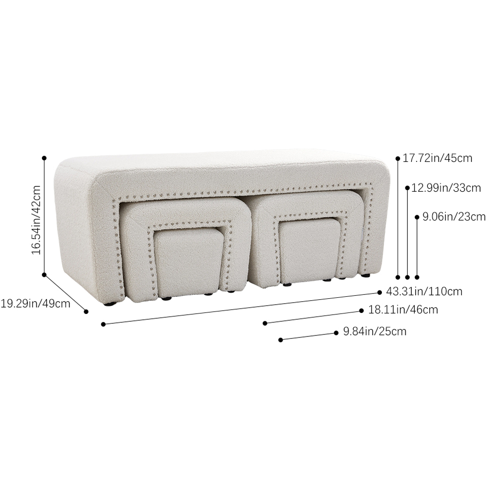 Living and Home White Faux Teddy Fleece Nest of Bench Set of 5 Image 9