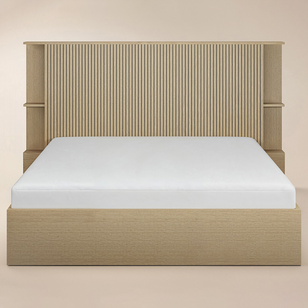 SOLACE+CO Zora King Size Oak Lift-Up Ottoman Bed with Headboard Shelf Image 4