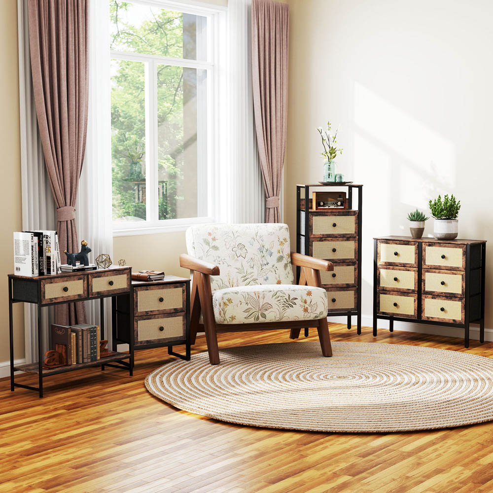 Portland 2 Drawer Rustic Brown Rattan Bedside Table Image 4