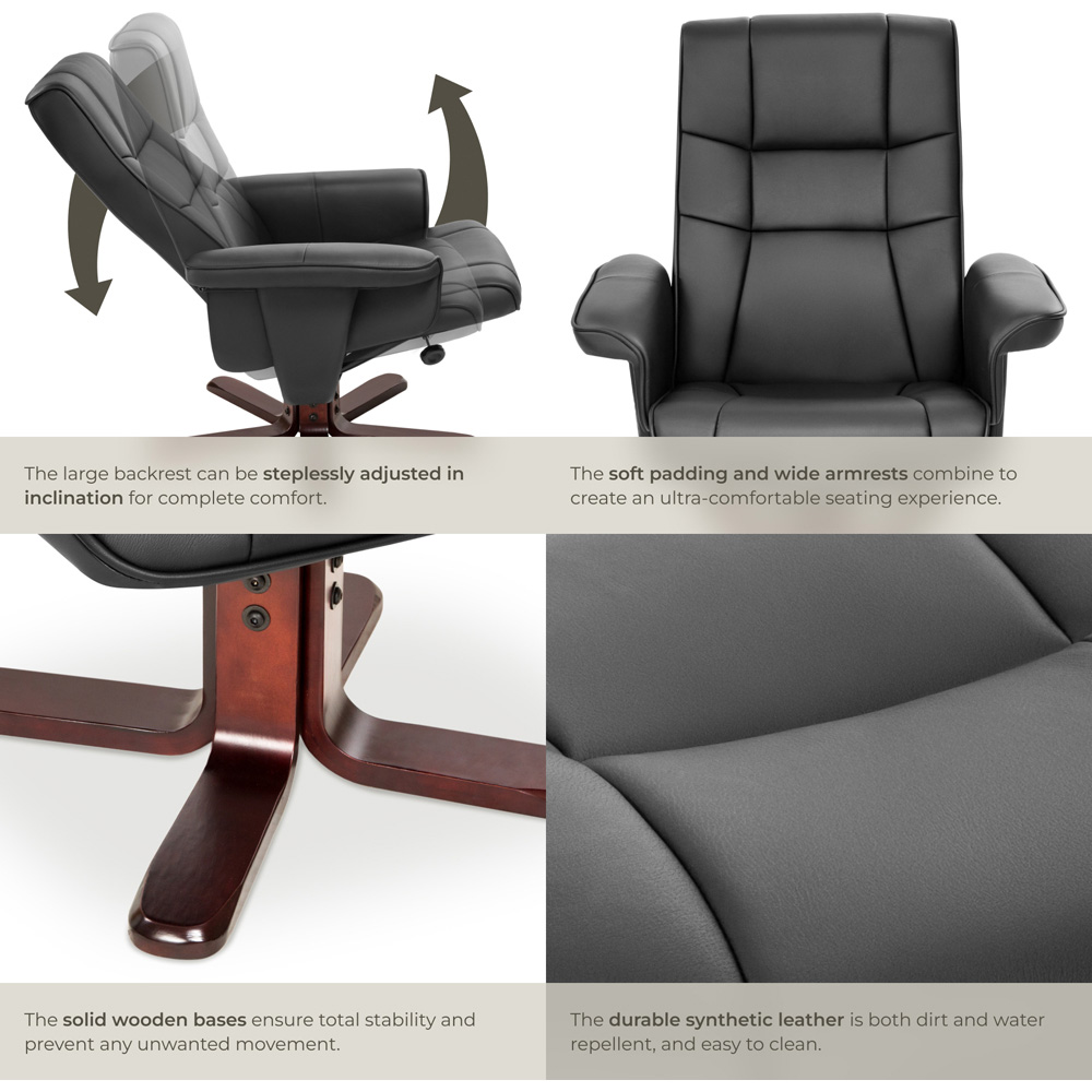 tectake Black Armchair with Adjustable Backrest and Stool Image 7