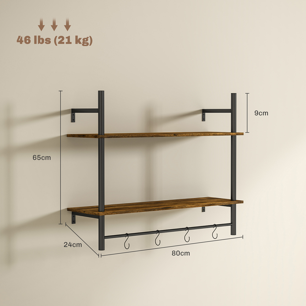 Portland 2 Tier Rustic Brown Wall Shelf Unit with 4 Hooks Image 9